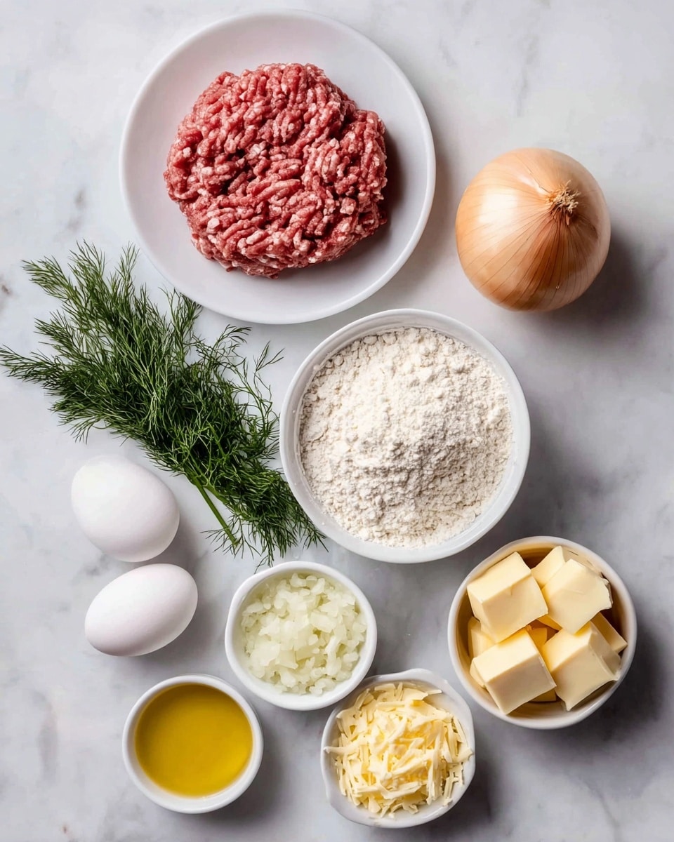The image shows several ingredients neatly arranged on a white marbled surface. At the top left, there is a white plate with a large round mound of raw ground meat that has a mix of red and pale pink textures. To the right is a whole light brown onion with a papery skin. Below the onion is a white bowl filled with white flour, showing fine and powdery texture. At the bottom left corner, two white eggs lie next to some fresh green dill sprigs with feathery leaves. Near the center bottom, there are two small white bowls, one filled with pale yellow butter cubes and the other with finely grated yellow cheese. To the left of the butter is a small white bowl with finely chopped white onions. To the left of that is a white bowl with golden-yellow liquid, likely oil. The ingredients are spaced evenly and clearly shown on the smooth marbled surface. Photo taken with an iphone --ar 4:5 --v 7