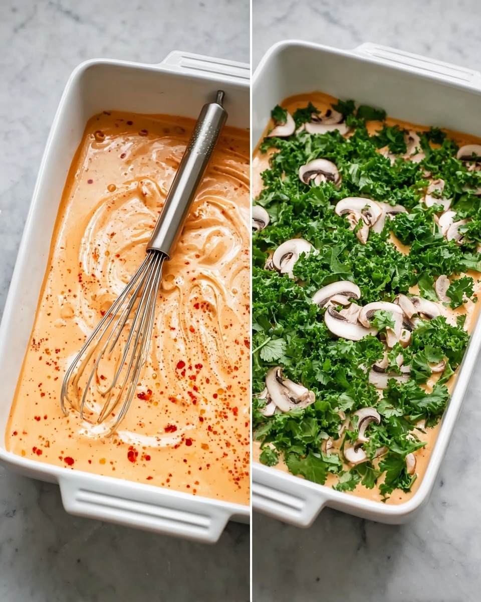 The image shows a two-step preparation of a dish in a white rectangular ceramic baking dish placed on a white marbled surface. The first step has a smooth light orange creamy mixture filling the dish, with a silver whisk resting on top, showing small bubbles and a swirled texture. In the second step, thin white mushroom slices are scattered over the orange mixture, followed by a generous layer of chopped fresh green kale spread evenly, creating a bright contrast between the layers. Photo taken with an iphone --ar 4:5 --v 7
