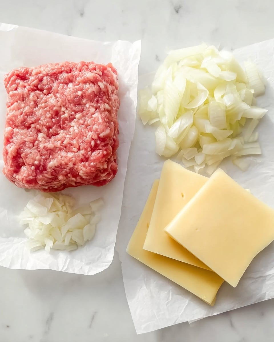 The image shows three parts of ingredients arranged side by side on a white marbled surface: on the left, a block of raw ground meat with a pinkish-red color, resting on white parchment paper; in the middle, a small heap of chopped white onion pieces with slightly translucent layers; on the right, three slices of pale yellow cheese stacked neatly on a sheet of white parchment paper. photo taken with an iphone --ar 4:5 --v 7