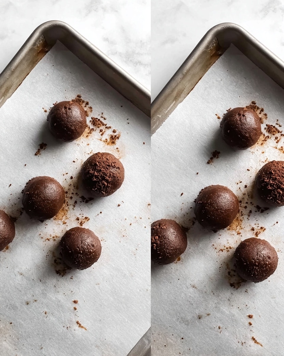 The image shows two side-by-side views of a baking tray lined with white parchment paper on a white marbled surface. On the tray, there are seven evenly spaced dark brown chocolate dough balls with a smooth and slightly shiny texture; some appear a bit cracked or rough on top. The tray has some scattered crumbs and smudges of melted chocolate around the balls, showing the baking process. The lighting highlights the texture and round shape of the dough balls clearly. photo taken with an iphone --ar 4:5 --v 7