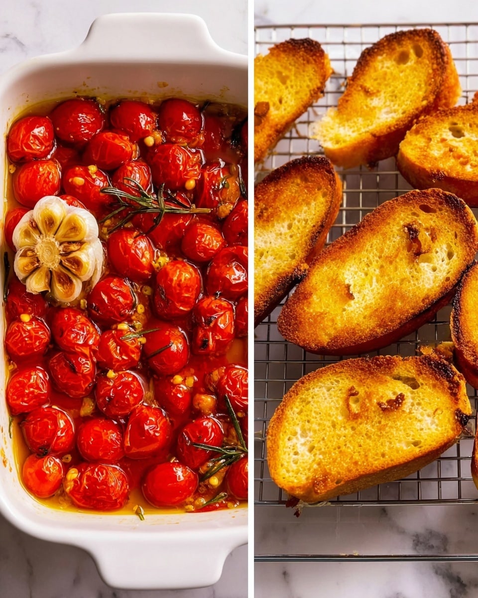 The left side shows a white rectangular baking dish filled with roasted cherry tomatoes that are bright red with some charred spots, and a whole head of garlic with golden brown cloves sitting in the corner. There are a few sprigs of fresh rosemary on top. The surface under the dish is white marble. On the right side, there are five golden brown toasted bread slices with a crispy, buttery texture placed on a wire rack. The background is a plain white marble surface. photo taken with an iphone --ar 4:5 --v 7