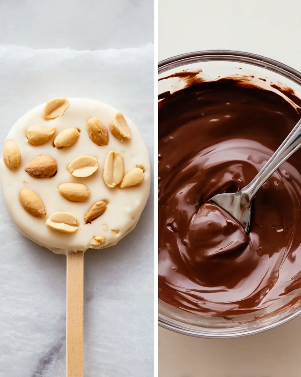 The image on the left shows a single round creamy white layer lollipop with chunks of light brown peanuts scattered on top, placed on a white marbled surface; the stick at the bottom is a light wooden color. The texture of the lollipop looks smooth and slightly swirled. The image on the right shows a clear glass bowl filled with smooth, glossy dark brown chocolate, with a silver spoon resting inside and some chocolate coating the spoon. The bowl sits on a white marbled surface. photo taken with an iphone --ar 4:5 --v 7