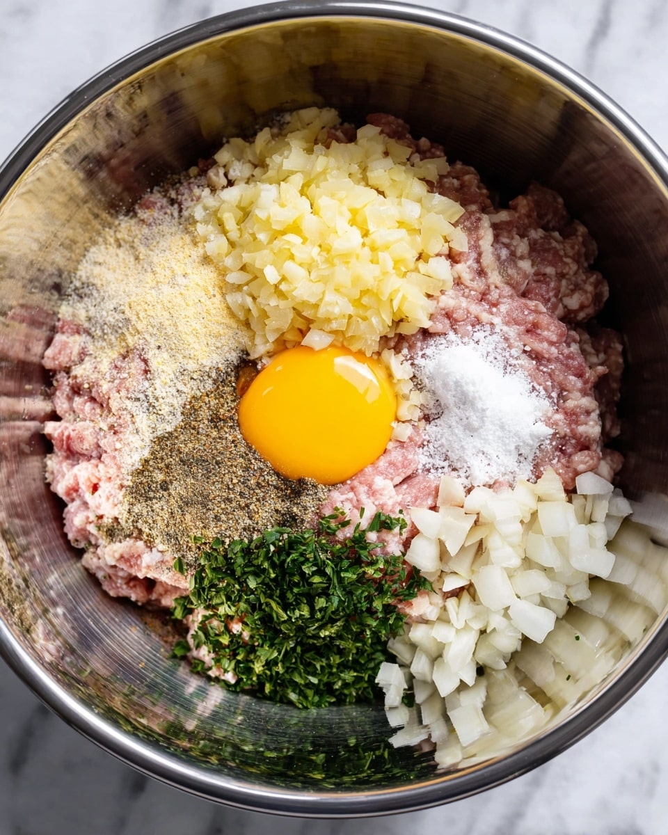 A large shiny silver bowl holds a mix of raw ingredients layered separately. At the bottom center is pink ground meat, topped on the left by a heap of finely chopped pale yellow garlic, and on the right by an unbroken bright yellow egg yolk surrounded by some egg white. On the top right side, there are small white chopped onions. In the middle, there is a pile of white salt and green chopped herbs, likely parsley. On the upper left side, there’s a combination of black pepper and brown seasoning powder. The bowl sits on a white marbled surface. photo taken with an iphone --ar 4:5 --v 7
