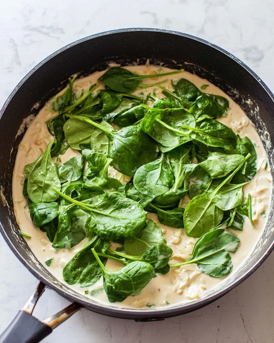 A black cooking pan filled with a creamy light beige sauce with small texture pieces inside, topped with a layer of fresh bright green spinach leaves that are slightly wilted and spread across the surface. The pan is set on a white marbled surface. Photo taken with an iphone --ar 4:5 --v 7