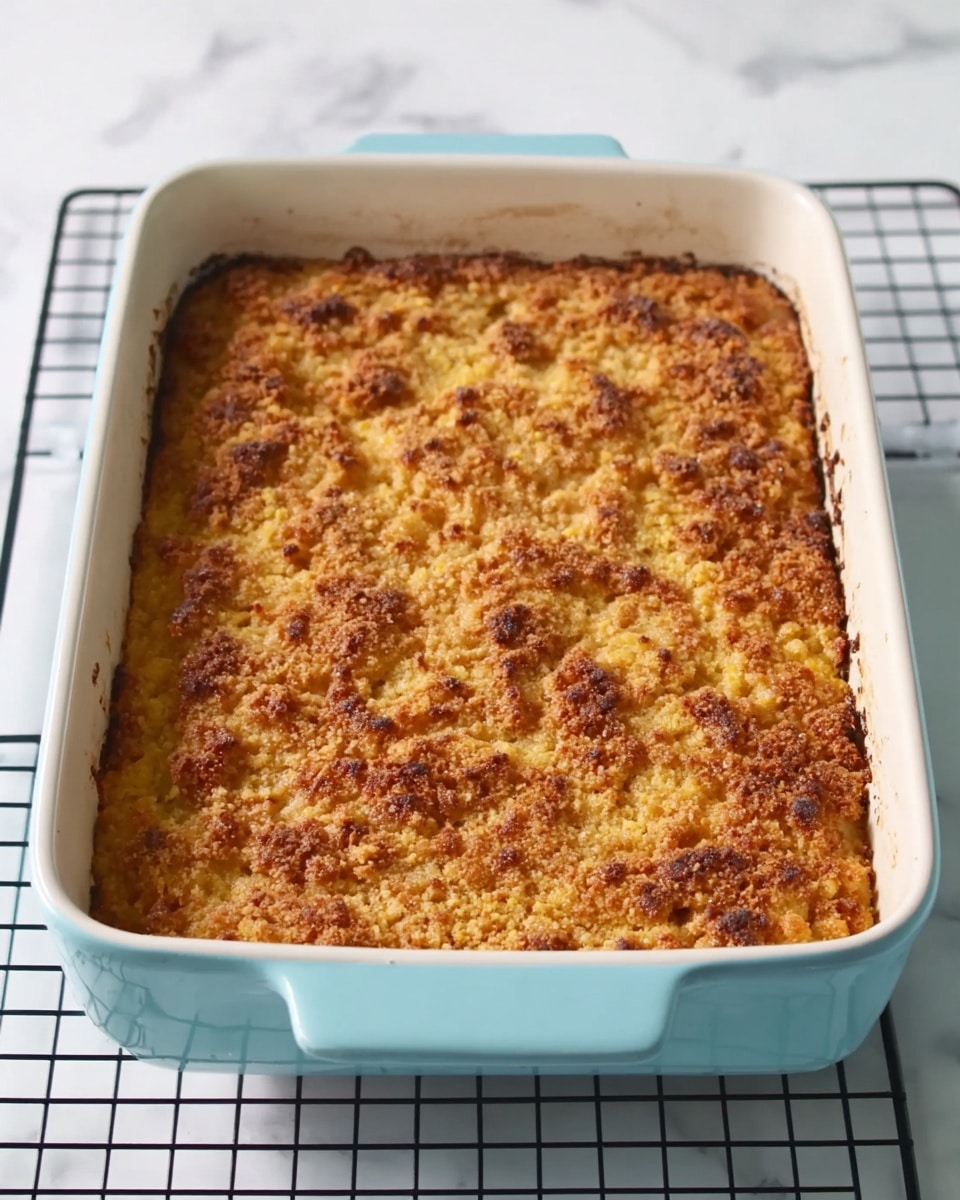 This image shows a light blue rectangular baking dish filled with a baked dish that has a rough, golden brown crumbly top layer with spots of darker brown from baking. The texture of the top layer looks crunchy and uneven. The dish rests on a black cooling rack placed on a white marbled surface. photo taken with an iphone --ar 4:5 --v 7