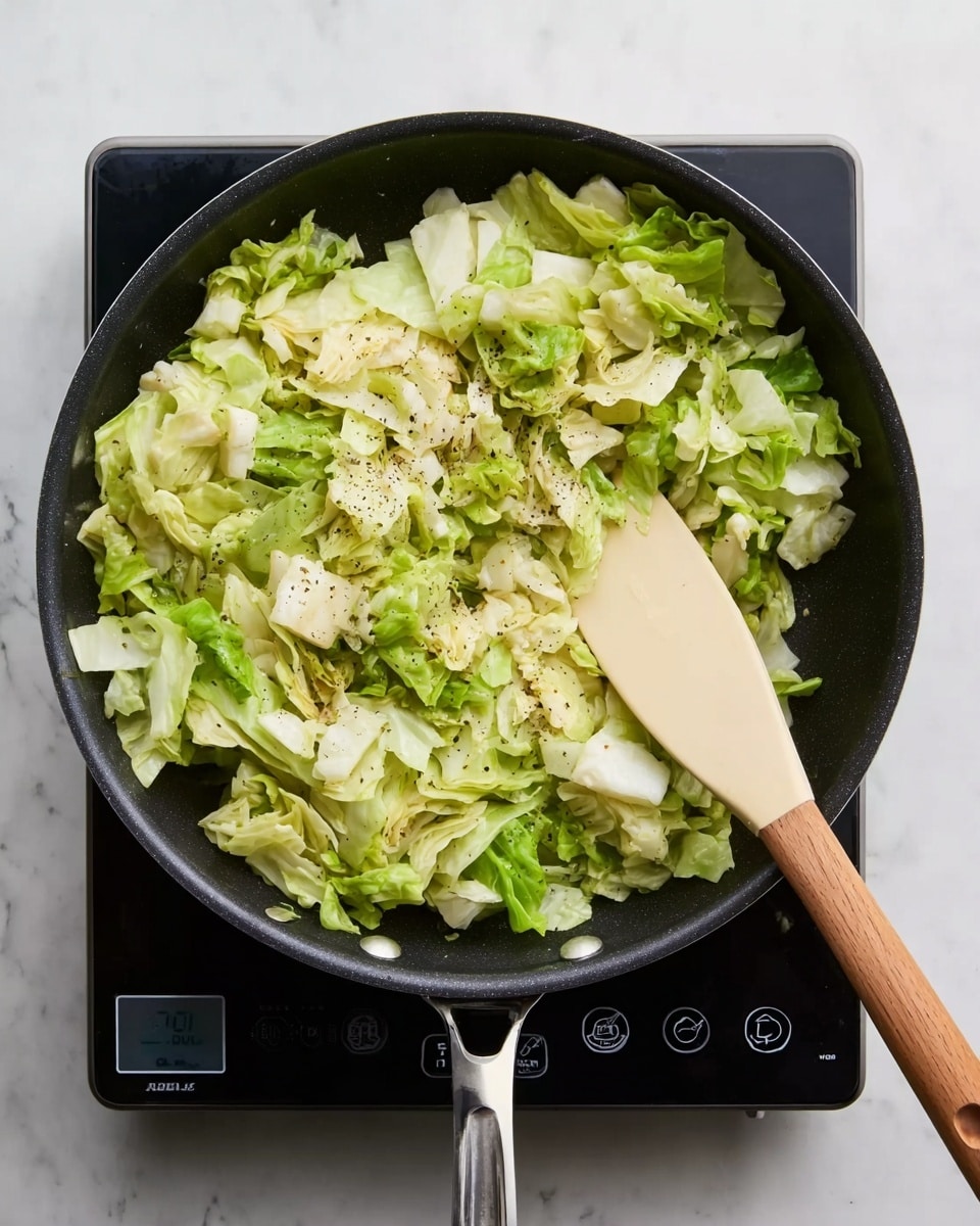A black skillet filled with chopped light green cabbage, showing different textures from soft leafy parts to firmer pieces, sprinkled with small black pepper bits on top; a pale beige silicone spatula with a wooden handle rests inside the skillet on the right side, and the skillet sits on a black induction cooktop with round buttons and a digital screen in the front center, all placed on a white marbled surface photo taken with an iphone --ar 4:5 --v 7