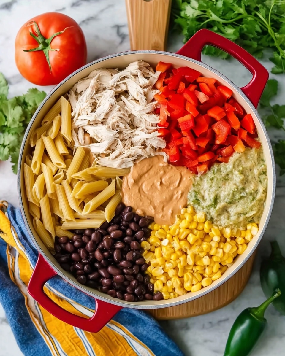 A round white pan with red handles sits on a white marbled surface over a wooden board. Inside the pan, there are seven distinct layers neatly arranged in sections: shredded white chicken pieces in one section, bright red chopped bell peppers next to it, pale yellow cooked penne pasta in another section, light green chunky salsa in one part, dark black beans beside the salsa, golden yellow corn kernels next to the beans, and a creamy textured light brown sauce spread flat in the last section. In the background, there is a whole tomato and two green jalapeños placed on the white marbled surface along with some scattered cilantro leaves and a blue and yellow striped cloth towel nearby. Photo taken with an iphone --ar 4:5 --v 7