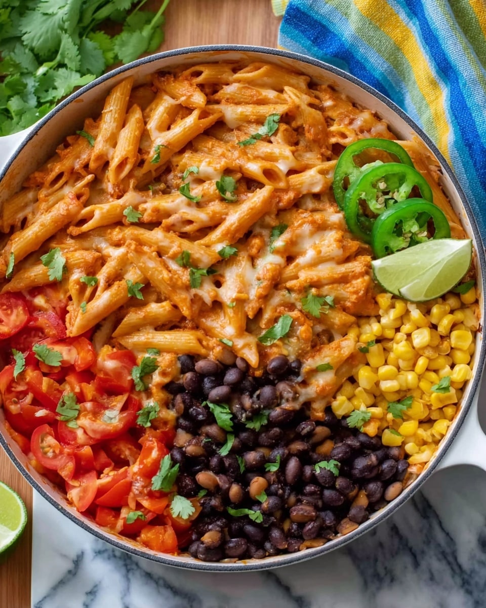 A white pan filled with three layers of food: the bottom layer is light yellow bean-like pieces mixed with melted cheese that looks creamy and soft; the middle layer has black beans, small pieces of yellow corn, and diced red bell peppers scattered evenly; the top layer features cooked penne pasta with an orange sauce coating each piece, garnished with small bright green cilantro leaves. On one top corner of the pan, there are three slices of fresh green jalapeno and two lime wedges resting on the food. The pan is placed on a white marbled surface with a blue and yellow striped cloth nearby. Photo taken with an iphone --ar 4:5 --v 7