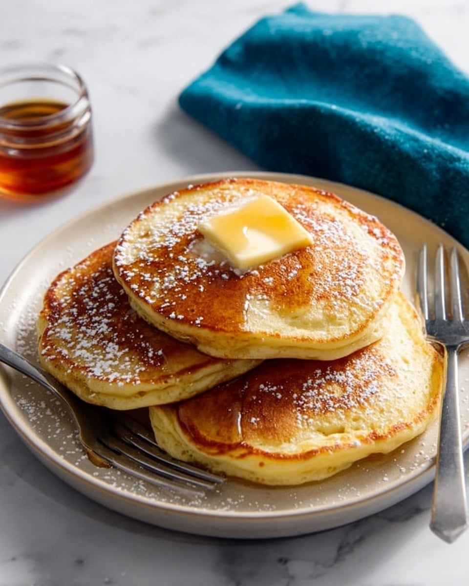There are three thick golden pancakes stacked slightly overlapping on a round white plate. The top pancake has a melting light yellow butter pat and shiny maple syrup drizzled over all three pancakes. A light dusting of powdered sugar is sprinkled over the plates and pancakes. Next to the plate is a silver fork and knife crossing each other. In the background on the white marbled surface, there is a small clear glass jar of syrup and a blue cloth napkin. photo taken with an iphone --ar 4:5 --v 7