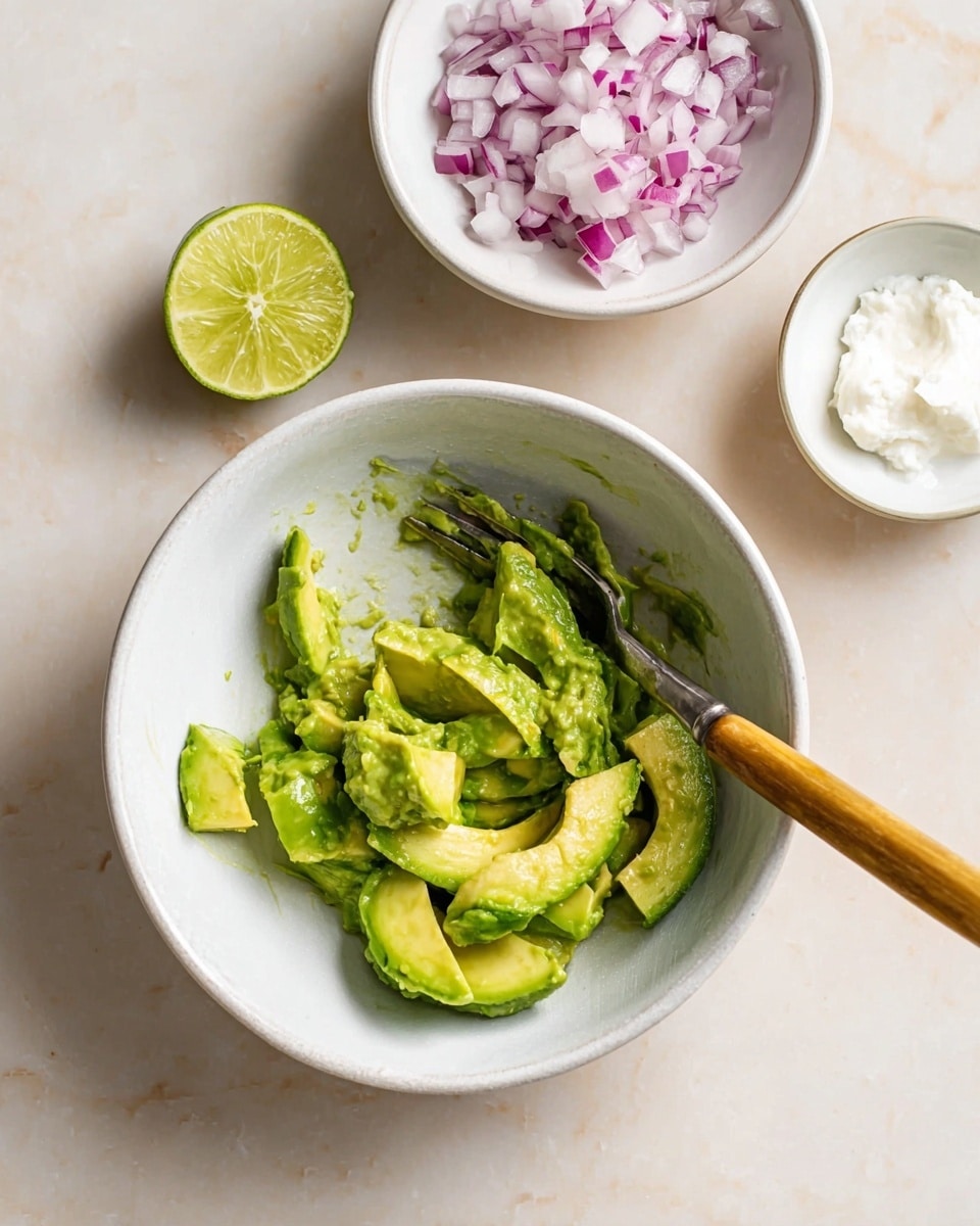 The image shows a white bowl with bright green avocado that is partly mashed and partly sliced, with a fork that has a light wood handle resting inside. Behind the bowl, there is a small white bowl filled with finely chopped purple and white onions, and next to it is a small white dish containing a creamy white substance. A quarter of a lime is placed between the white bowl and the small white dish. The whole setup is on a white marbled surface. photo taken with an iphone --ar 4:5 --v 7