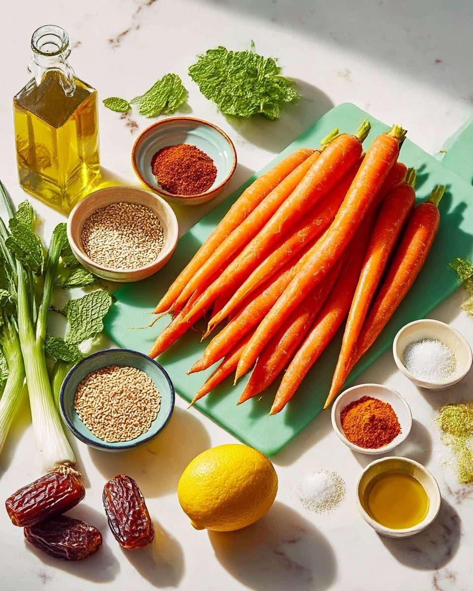 A bunch of bright orange carrots is stacked in the center on a green chopping board, resting on a white marbled surface. Around the carrots, there are small bowls filled with various ingredients: a bowl with light brown sesame seeds, a bowl with brown powder, a bowl with reddish chili flakes, a bowl with light yellow seeds, a bowl with salt, a bowl with black pepper, a bowl with a golden liquid, and a bowl with a thick beige paste. A whole lemon and two dried dates sit near the carrots, while fresh green mint leaves and a few green onions lie nearby. A clear glass bottle of olive oil is placed on the top left. The lighting is bright and natural, highlighting the fresh textures and vibrant colors. Photo taken with an iphone --ar 4:5 --v 7