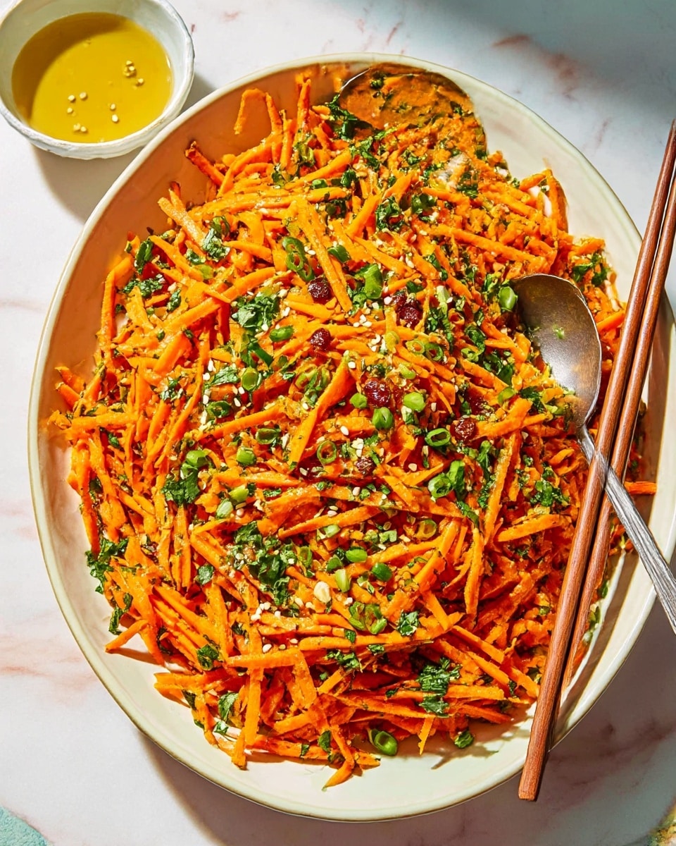 A large white plate filled with shredded bright orange carrots mixed with finely chopped green herbs and small white sesame seeds scattered throughout. The salad has small green pieces, likely scallions or green chili, spread evenly on top. There are also bits of a darker brown ingredient mixed inside, adding texture contrast. A pair of wooden chopsticks rests on the right side of the plate with a metal spoon partly buried in the salad. In the top left corner, a small white bowl with light golden dressing sits next to the plate on a white marbled surface. The lighting is bright and natural, highlighting the fresh colors and textures. photo taken with an iphone --ar 4:5 --v 7