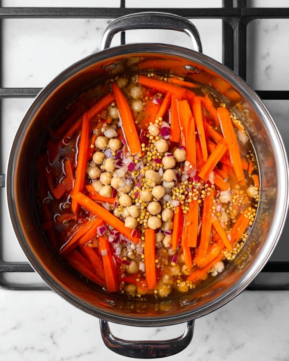A shiny metal pot on a white marbled stovetop surface filled with a colorful mix of ingredients. Inside the pot, there are bright orange carrot strips spread evenly. Among the carrots, round beige chickpeas are scattered, mixed with small, chopped red onions and tiny yellow grains. The liquid in the pot is light brown and slightly shiny, partially covering the solid ingredients. The pot’s shiny handles are visible on both sides. photo taken with an iphone --ar 4:5 --v 7