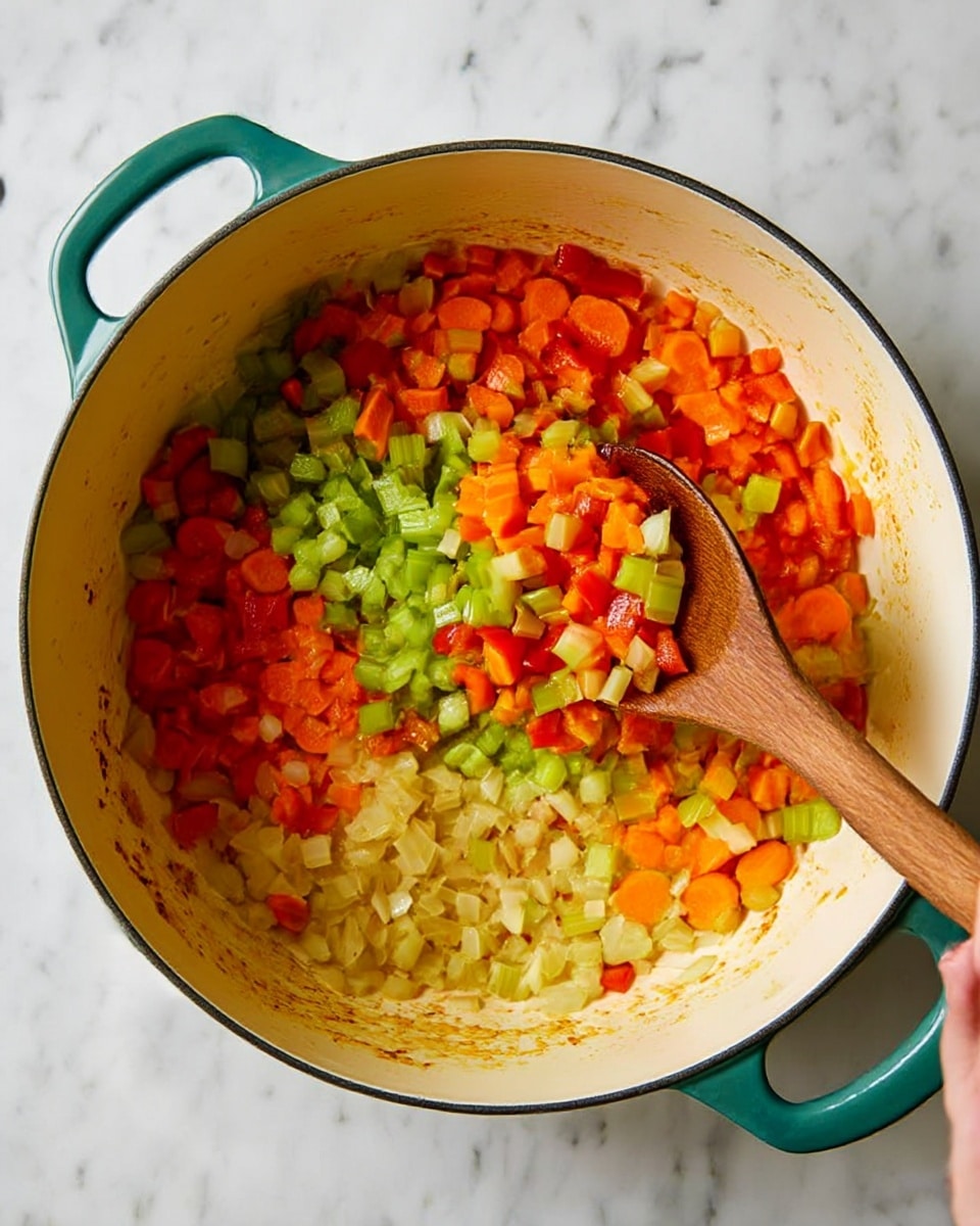 A large white pot with teal handles sits on a white marbled surface, filled with three layers of diced vegetables being stirred with a wooden spoon held by a woman's hand. The bottom layer is light yellow pieces, likely onions, the middle layer is bright green celery, and the top layer is vibrant orange carrots mixed with red bell peppers. The wooden spoon is positioned slightly to the right, lifting some of the colorful vegetable mix. The edges of the pot show a light coating of cooked bits, emphasizing the cooking process. photo taken with an iphone --ar 4:5 --v 7