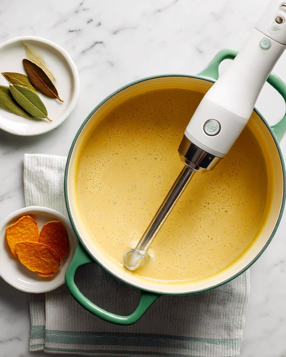 A top-down view of a large green pot with cream inside, filled with light orange smooth soup or sauce. A white immersion blender with a silver blending head is inside the pot, partially blending the mixture. The pot is resting on a white and grey striped cloth placed on a white marbled surface. To the left, there is a small white dish holding two brown bay leaves and one large orange chip-like item. Photo taken with an iphone --ar 4:5 --v 7