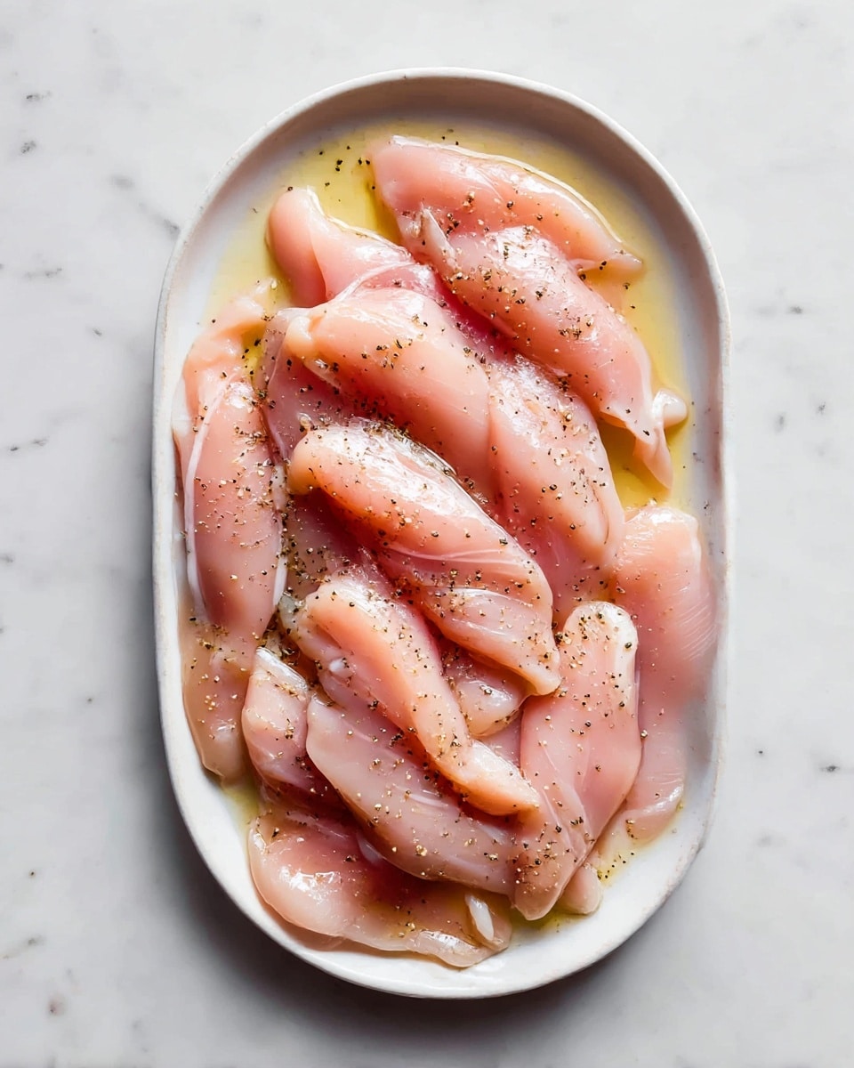 A white oval plate holds eight long, soft slices of raw chicken meat laid flat. Each piece is pale pink with some light red areas and a smooth, moist texture. The chicken pieces are spread out, some touching, covered with a light layer of olive oil that creates a slight shine, and small specks of ground black pepper are sprinkled on top. The plate is placed on a white marbled surface. photo taken with an iphone --ar 4:5 --v 7
