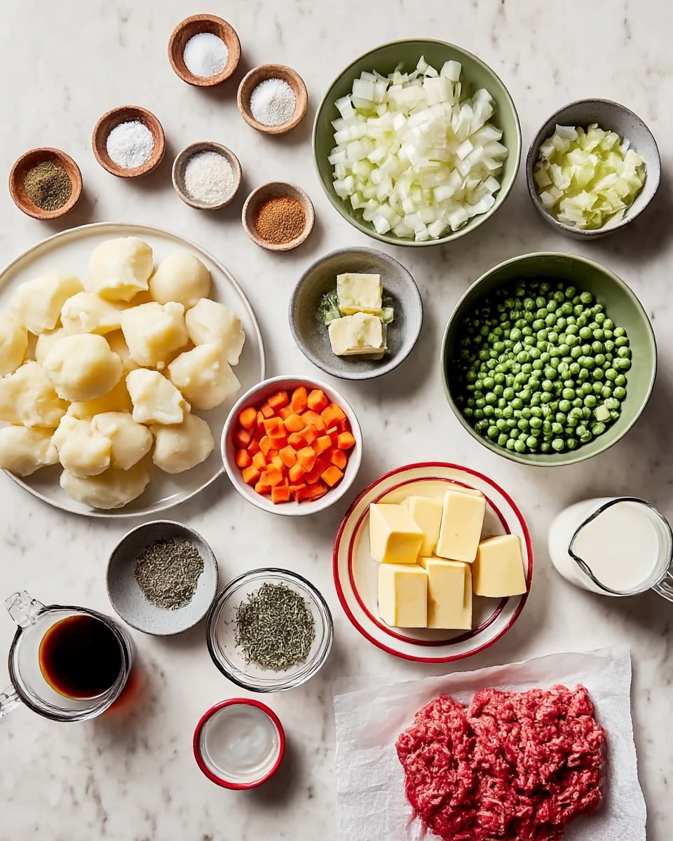 The image shows many bowls and plates arranged on a white marbled surface. On the left, a white plate holds large white peeled potatoes in rough chunks. Nearby, a dark bowl contains small green peas. At the top left corner, small wooden and ceramic bowls hold white powder, black pepper, and light brown powder spices. Towards the center, a small white bowl is filled with small chopped orange carrots. Next to it, a gray bowl has rectangular light yellow butter sticks. Above, a large green bowl is filled with chopped white onions. On the right, a small white plate holds chopped white celery, and a red-rimmed small bowl contains minced garlic. Below, raw red ground meat lies on white parchment paper. Among these ingredients, a clear glass cup is filled with dark liquid, a round bowl with mixed dried green herbs, a small red bowl with thick red paste, a small gray bowl with white salt, and a clear small pitcher with milk are also present. Everything is placed neatly on the white marbled surface. Photo taken with an iphone --ar 4:5 --v 7