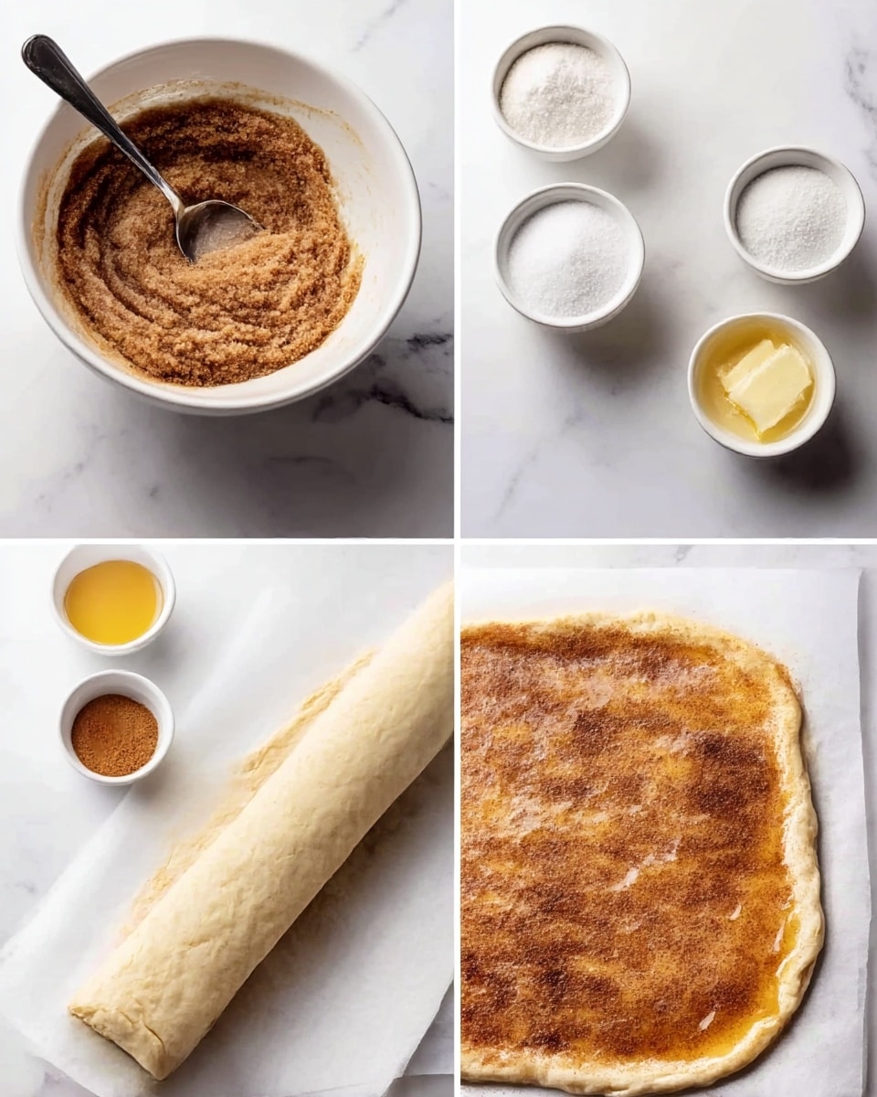 The image shows four steps of making a cinnamon roll dough on a white marbled surface. The first frame has a white bowl filled with a brown cinnamon sugar mixture with a spoon inside. The second frame shows a rolled-out dough on white parchment paper, next to small white bowls holding white sugar, the cinnamon sugar mix, and melted butter. The third frame depicts the dough covered in a shiny layer of melted butter, applied by a spoon on the bottom right. The last frame displays the dough evenly sprinkled with the brown cinnamon sugar mix, ready to be rolled, all on white parchment paper. Photo taken with an iphone --ar 4:5 --v 7