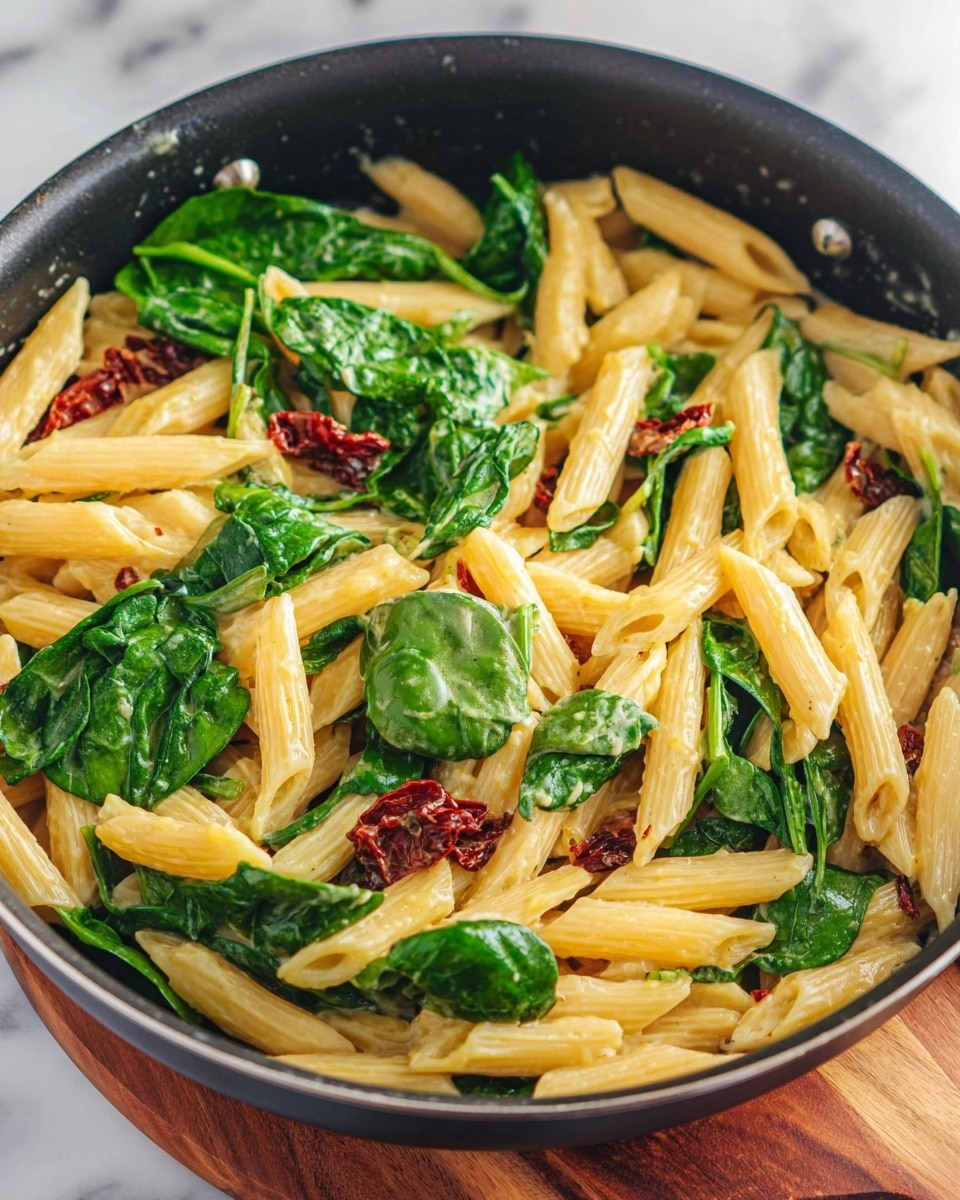 The image shows a close-up of cooked penne pasta mixed with fresh green spinach leaves and pieces of sun-dried tomatoes, all in a black frying pan placed on a wooden board resting on a white marbled surface. The penne is yellowish with a smooth texture, while the spinach leaves are bright green and look fresh and slightly wilted. The sun-dried tomatoes add small dark red spots scattered throughout the dish. The pasta is coated lightly with a creamy sauce, visible around the edges and under some leaves, creating a rich look. photo taken with an iphone --ar 4:5 --v 7