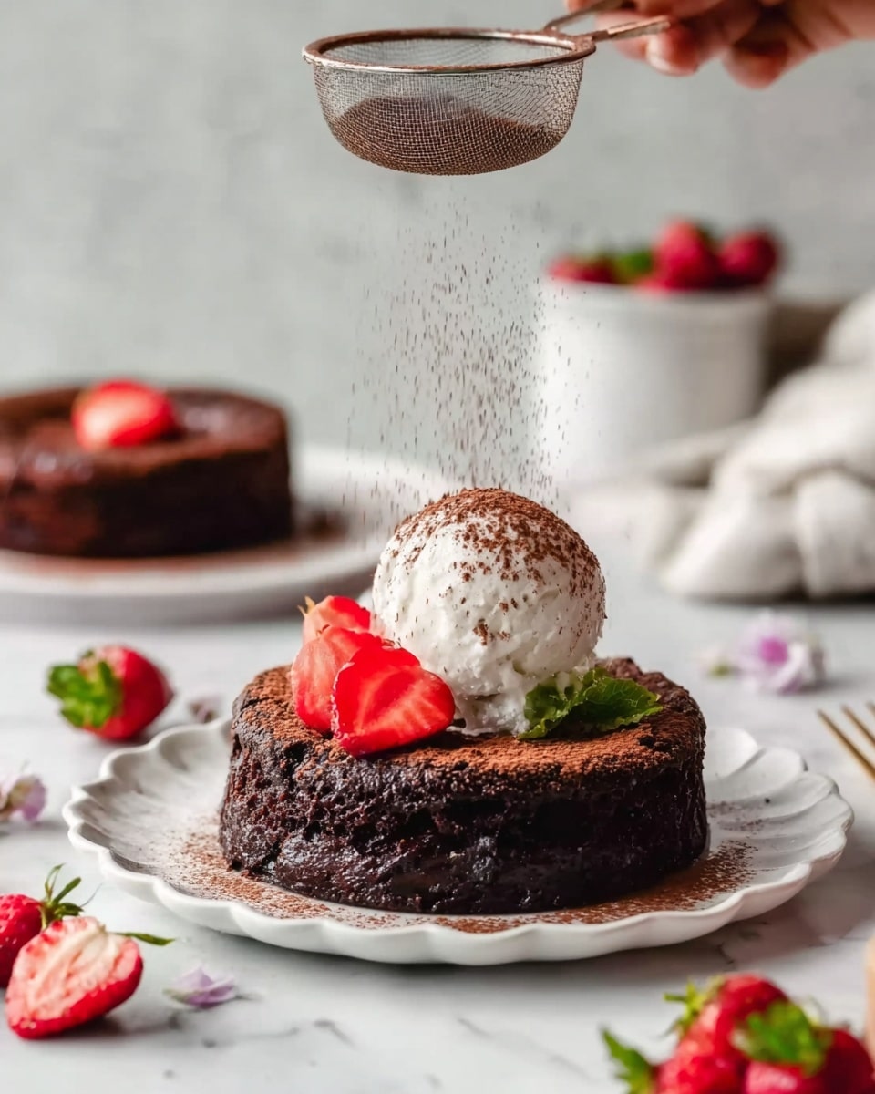 The image shows a thick, dark chocolate cake on a white, scalloped plate. On top of the cake is a round scoop of white ice cream with a light texture, slightly melting, and a few fresh red strawberry slices placed on and around it. A woman's hand is holding a fine sieve over the cake, dusting a layer of cocoa powder from above. The background features another chocolate cake and scattered strawberries on a white marbled surface. The overall look is fresh and inviting with contrasting dark and bright colors. photo taken with an iphone --ar 4:5 --v 7