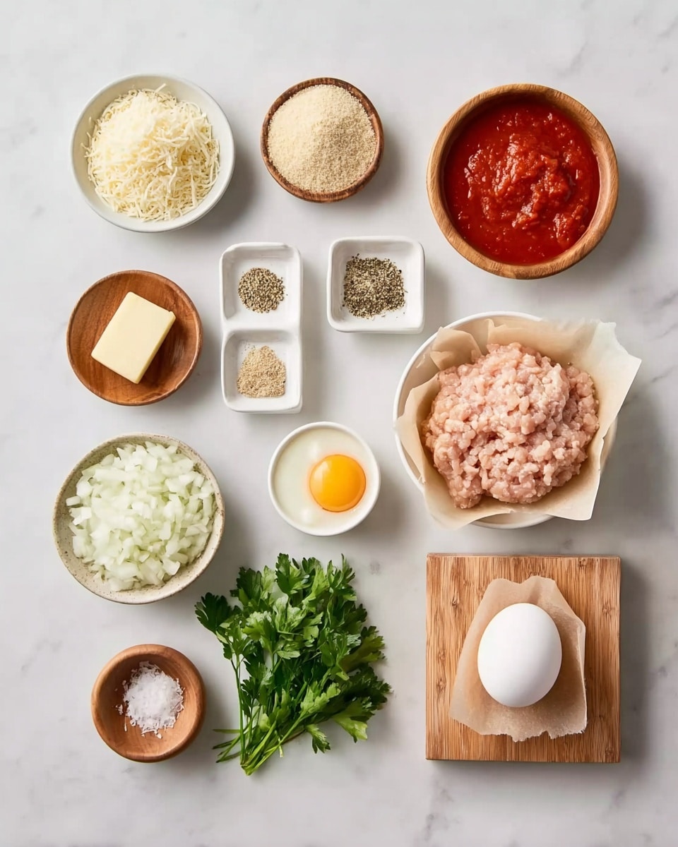 The image shows a white marbled surface with several small white bowls and wooden dishes holding different ingredients arranged neatly in two rows. In the top row, there is a small white bowl with grated cheese, a wooden bowl filled with breadcrumbs, and a small wooden dish with a square pat of butter. In the middle section, a small white dish contains mixed spices with salt and pepper visible, and next to it is a white bowl with red tomato sauce. The bottom row features a white bowl filled with chopped onions, a small wooden bowl holding grated Parmesan cheese, an egg placed on the surface, and a larger white bowl lined with beige parchment paper containing raw ground chicken. A small wooden board with fresh green parsley is also present. All items are placed neatly and evenly spaced on the white marbled background, photo taken with an iphone --ar 4:5 --v 7