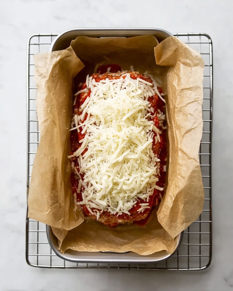 A loaf of meat sits inside a baking pan lined with parchment paper, resting on a metal rack. The meat is covered in a layer of red tomato sauce and topped with a thick pile of shredded white cheese. The parchment paper is folded over the edges of the loaf, and the pan is set on a white marbled surface. Photo taken with an iphone --ar 4:5 --v 7