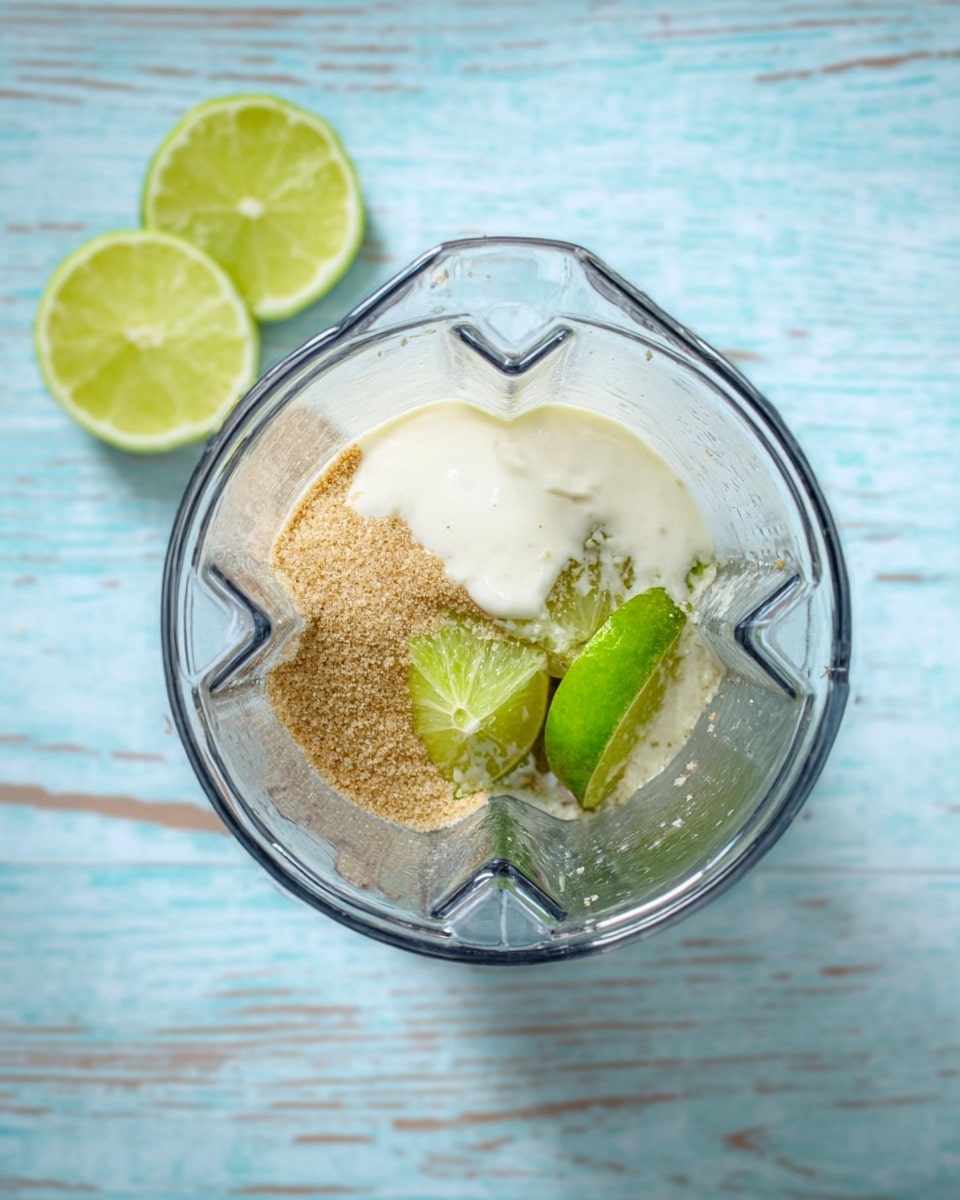 The image shows a clear glass blender from above, placed on a white marbled texture. Inside the blender, there are three layers: at the bottom, two bright green lime wedges; on top of them, a pile of light brown coarse sugar spread around; and the top layer has a white creamy substance partially covering the sugar and lime. To the top left of the blender, two thin lime slices rest on the white marbled background. Photo taken with an iphone --ar 4:5 --v 7