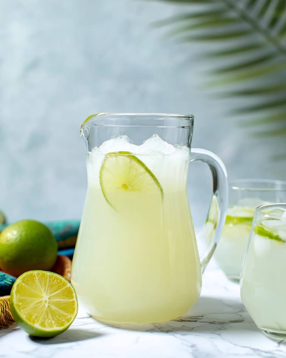 A clear glass pitcher filled with a pale yellow drink and ice cubes is centered on a white marbled surface. Two slices of lime float near the top inside the pitcher. In the background to the right, there is a white glass filled with the same drink, with a slice of lime visible inside it. A halved lime, showing its bright yellow flesh, sits on the white marbled surface near the glass. The setting includes a blurred green plant on the right and soft, light colors creating a fresh and clean feel. photo taken with an iphone --ar 4:5 --v 7