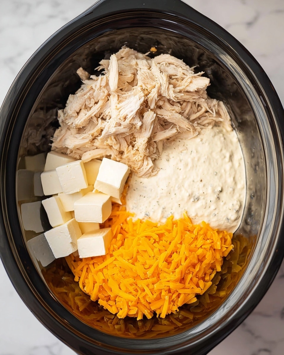 Inside a black slow cooker, there are four separate layers of ingredients placed side by side but not mixed. At the top, shredded pale beige cooked chicken sits loosely piled. To the right, there is a smooth, creamy white sauce with small black specks. At the bottom right, bright orange shredded cheddar cheese forms a fluffy pile. On the bottom left, there are white cube-shaped pieces of cream cheese stacked lightly. The slow cooker rests on a white marbled surface. Photo taken with an iphone --ar 4:5 --v 7