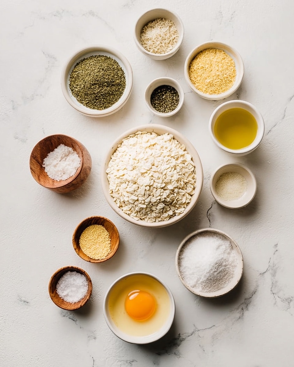 The image shows a top view of various cooking ingredients arranged on a white marbled surface. In the center, there is a large bowl filled with off-white rice flakes. Surrounding it are smaller white bowls with different powders and spices: some are green and leafy, some are yellow, and some are white or beige. There is one small wooden bowl with a white powder and another wooden bowl with salt. Also included are a small glass cup with yellow oil and a smaller white bowl containing a raw egg with a bright yellow yolk. Each ingredient is neatly placed in its own container, with a balanced and clean layout. photo taken with an iphone --ar 4:5 --v 7