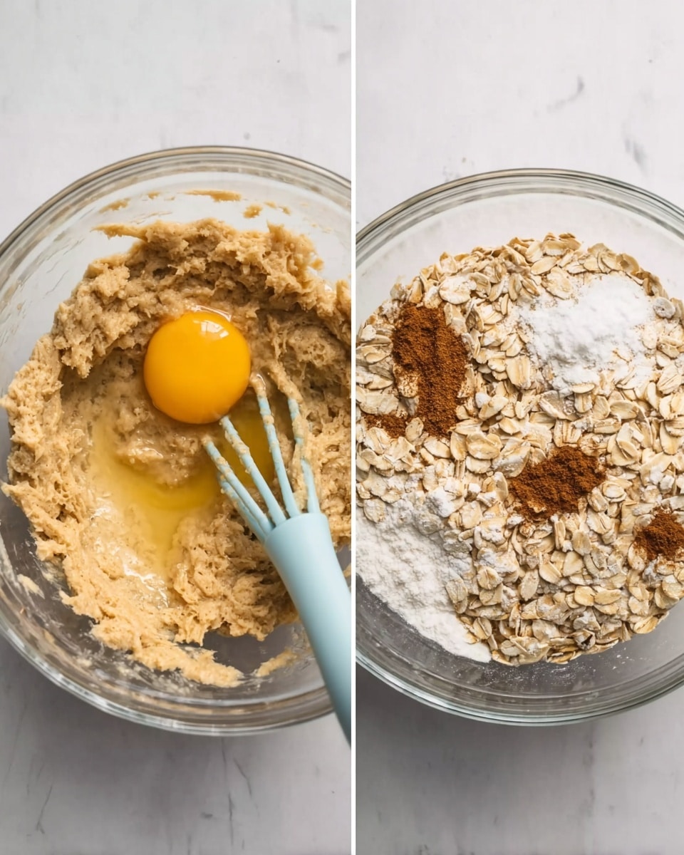 The first image shows a clear glass bowl with a creamy, light brown dough mixture inside, with a raw egg yolk and vanilla extract on top, and a pair of light blue beaters submerged in the mixture. The second image shows the same glass bowl with the dough mixture underneath, now topped with a large pile of light tan rolled oats on the right side, and to the left, white powder and brown cinnamon, with the same beaters resting in the bowl. The background is a white marbled surface. photo taken with an iphone --ar 4:5 --v 7