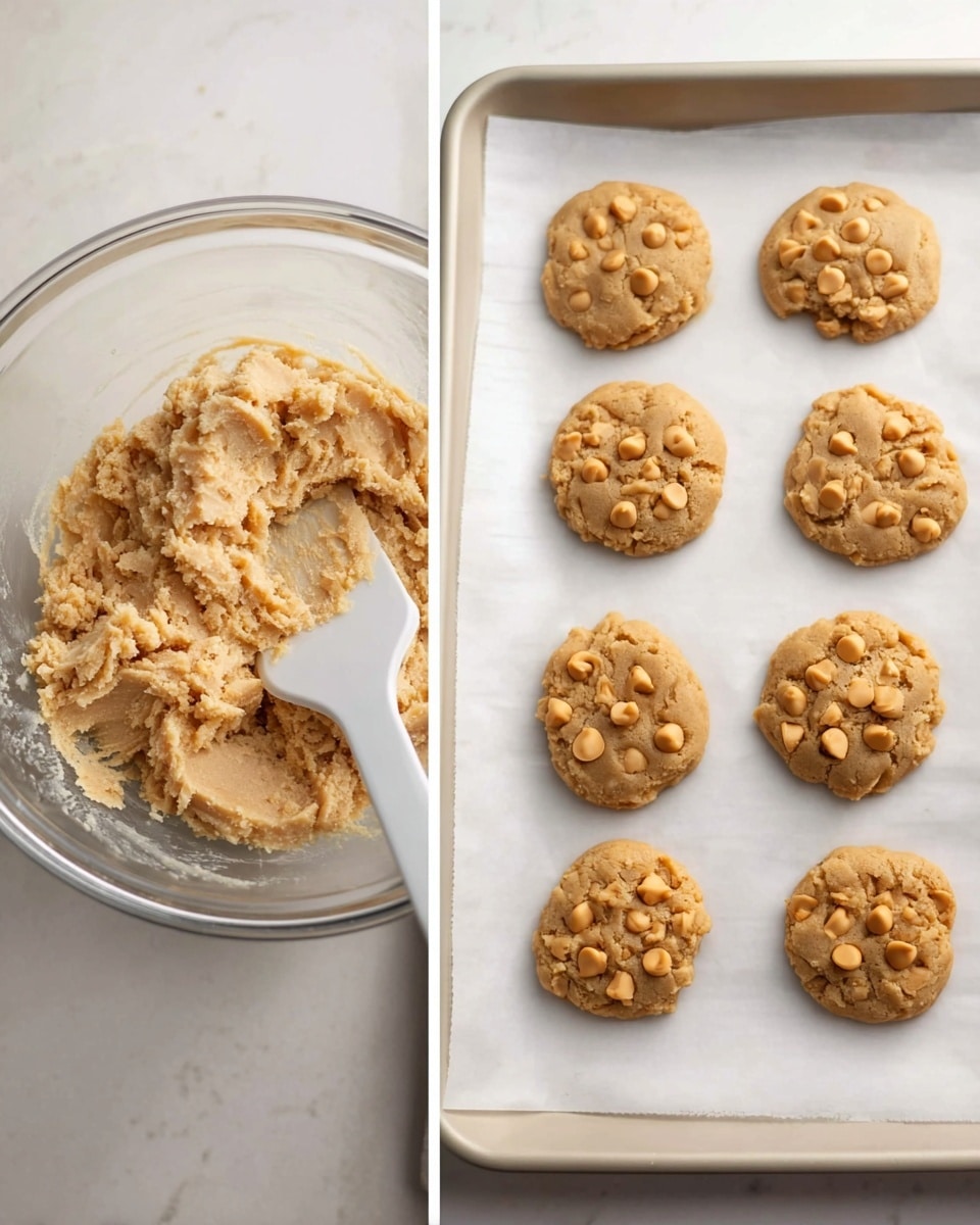 The image shows two parts: on the left, there is a clear glass bowl filled with light beige cookie dough mixed with tan-colored chips, with a white spatula in it; on the right, six baked cookies are placed in two rows on white parchment paper over a white baking tray, each cookie is golden-brown with tan chips visible on top, the cookies look soft and slightly round with some shine, all on a white marbled surface photo taken with an iphone --ar 4:5 --v 7