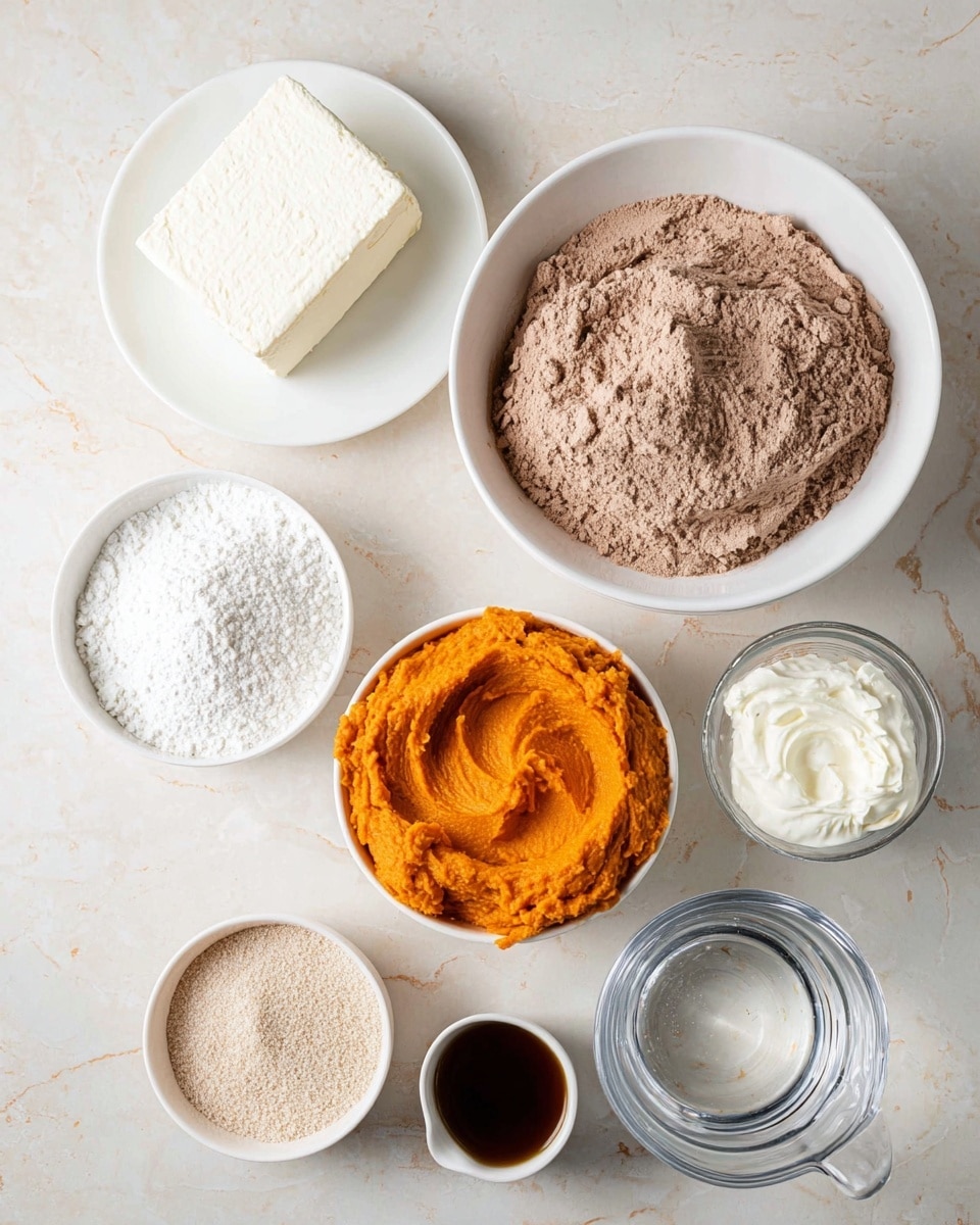 The image shows seven white dishes and one transparent measuring cup on a white marbled surface. In the center right, there is a large white bowl filled with light brown powder that looks like cocoa or cake mix, with a slightly rough texture and swirled in the middle. Below it, a white bowl has smooth, bright orange mashed sweet potatoes. To the lower right, a small white bowl holds thick, white cream. Bottom left, a smaller white bowl contains a fine light brown powder. Above it, a medium white bowl has a heap of white powdered sugar. Top left features a white plate holding a large block of white cream cheese. Next to it is a tiny white cup with a dark brown liquid, and top right, a clear glass measuring cup filled with clear water completes the setting. The whole scene is bright and well-lit with soft natural light. Photo taken with an iphone --ar 4:5 --v 7