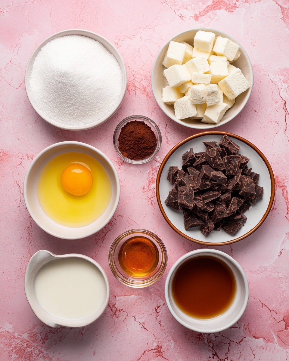 The image shows seven small white bowls and one small clear glass bowl arranged on a pink background with a white marbled texture. Most bowls hold different baking ingredients: one bowl is filled with white sugar, another with cubed white bread pieces, a third with a yellow egg yolk and egg white, one with dark brown cocoa powder, another with chopped dark chocolate pieces on a white plate with a brown rim, a bowl with a clear amber liquid, and one with white liquid, possibly milk or cream. All the items are neatly organized, showing a variety of colors and textures. photo taken with an iphone --ar 4:5 --v 7