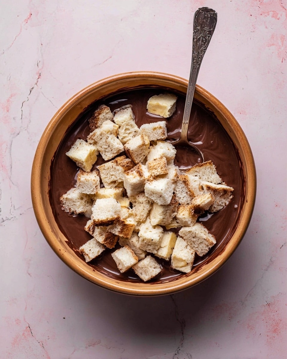 A brown bowl filled with a thick, dark brown chocolate liquid forms the base layer. On top, there is a generous layer of light beige bread pieces, roughly cut into small squares, some showing a soft, porous texture inside, while others have a slightly crusty golden brown edge. A silver spoon with intricate design on the handle rests inside the bowl, partially immersed in the chocolate liquid. The bowl sits on a white marbled surface with a soft pink tint in the background. photo taken with an iphone --ar 4:5 --v 7