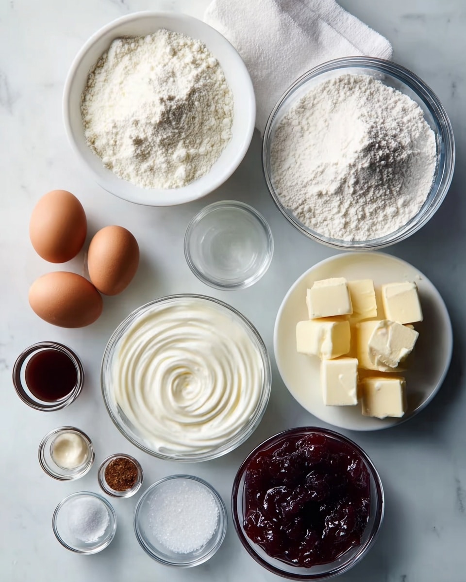 The image shows several small bowls and plates on a white marbled surface, each with different baking ingredients. There are two clear glass bowls filled with white powders, one slightly bigger than the other, placed at the top right and center. A white bowl at top left holds a similar white powder on a white cloth. Below, two brown eggs sit on the surface next to a small clear glass bowl with a transparent liquid. A white plate on the middle right holds several pale yellow butter chunks. To the right and below that, a clear bowl is filled with thick white cream swirled in a circular pattern. Near the bottom center, a small white cup contains a dark liquid. At bottom left, a clear small bowl has a white solid, and next to it are two tiny bowls filled with coarse white salt and a brown spice. In the middle bottom, a clear bowl contains dark red jelly with visible berry pieces. Photo taken with an iphone --ar 4:5 --v 7