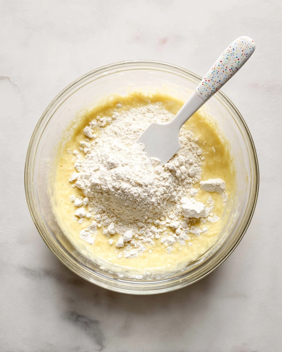 A clear glass bowl sits on a white marbled surface, holding a mixture of pale yellow wet batter and white flour sprinkled on top, with the flour unevenly spread in clumps. A white spatula with light colorful specks rests inside the bowl, partially covered in batter, positioned diagonally from the bottom right towards the center. The batter underneath looks smooth and shiny, while the flour has a rough, powdery texture. Photo taken with an iphone --ar 4:5 --v 7