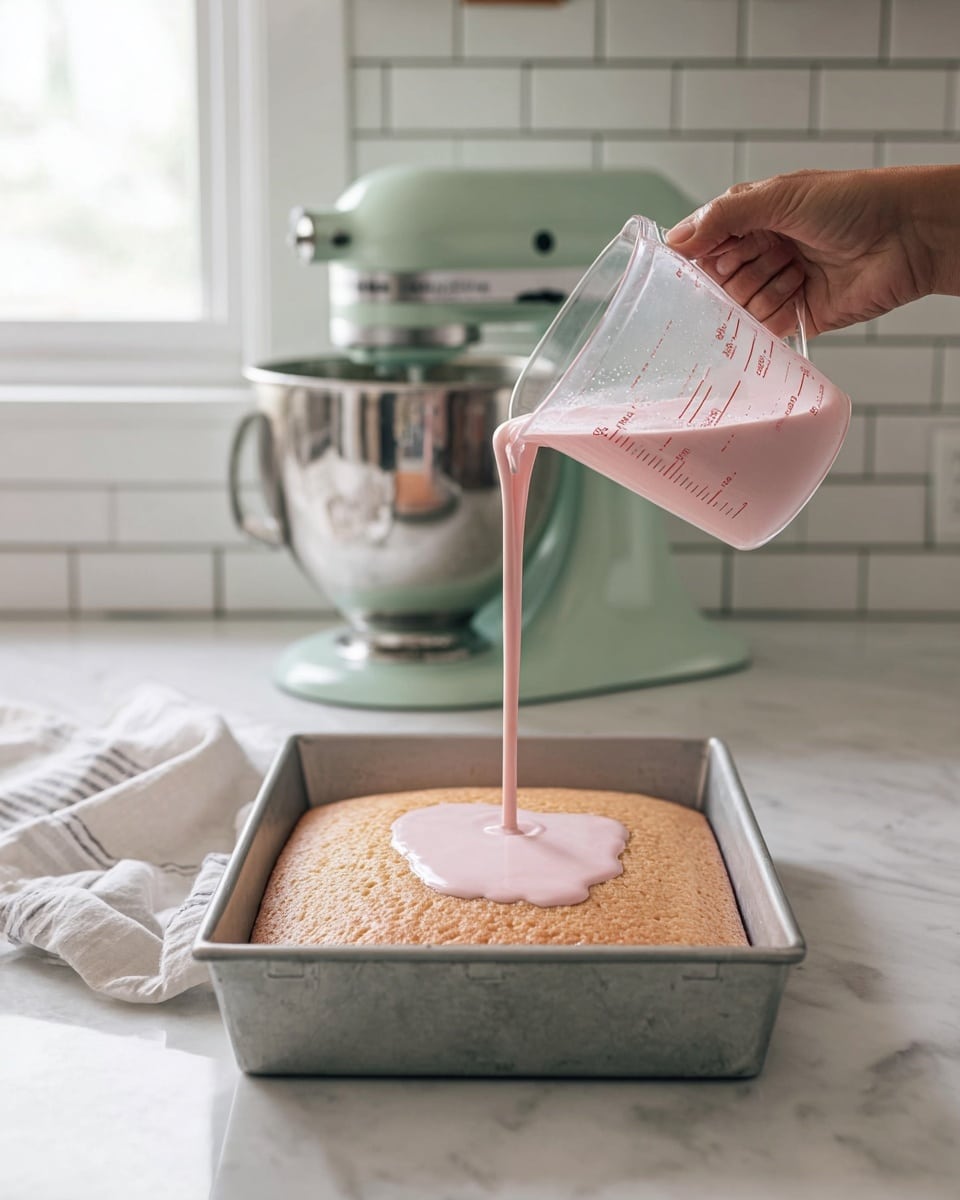 A woman's hand is pouring light pink liquid frosting from a clear measuring cup over a single-layer light golden brown cake in a metal rectangular pan, placed on a white marbled surface. The frosting flows smoothly and pools in the center of the cake. Behind the cake, there is a light green mixer with a shiny metallic bowl against a white subway-tiled wall. A white cloth is folded and placed to the left of the pan. The scene is softly lit by natural light coming from a nearby window. photo taken with an iphone --ar 4:5 --v 7