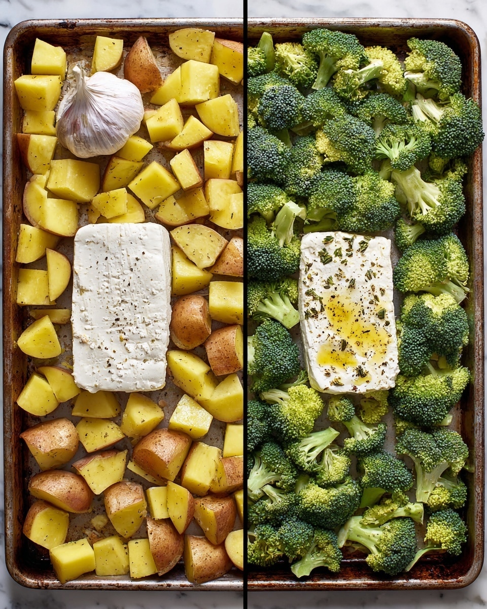 Two side-by-side images show a baking sheet with chopped yellow and light brown potatoes spread on the top half, a whole garlic bulb on the top left side, bright green broccoli florets covering the lower half, and a thick block of white cheese placed in the middle. The left image shows the ingredients plain, while the right image shows the potatoes and broccoli sprinkled with black pepper and herbs, and the cheese drizzled with golden olive oil and black pepper. The baking sheet rests on a white marbled surface photo taken with an iphone --ar 4:5 --v 7