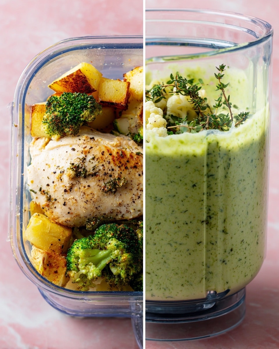 The image shows two clear blender containers side by side on a white marbled surface. The left blender contains four main layers: at the bottom, there is a large piece of cooked chicken with a light golden crust and some black pepper sprinkled on top; above it, there are golden-brown roasted potato pieces visible mostly on the left; on the right and top side, there are green roasted broccoli florets with slightly charred edges; scattered on top and mixed in are small chunks of cooked cauliflower and fresh green thyme sprigs, creating a mix of soft, roasted textures and fresh herbs. The right blender holds a smooth, light green sauce with tiny black flecks distributed evenly, filling the container almost to the top with a creamy and uniform texture. Photo taken with an iphone --ar 4:5 --v 7
