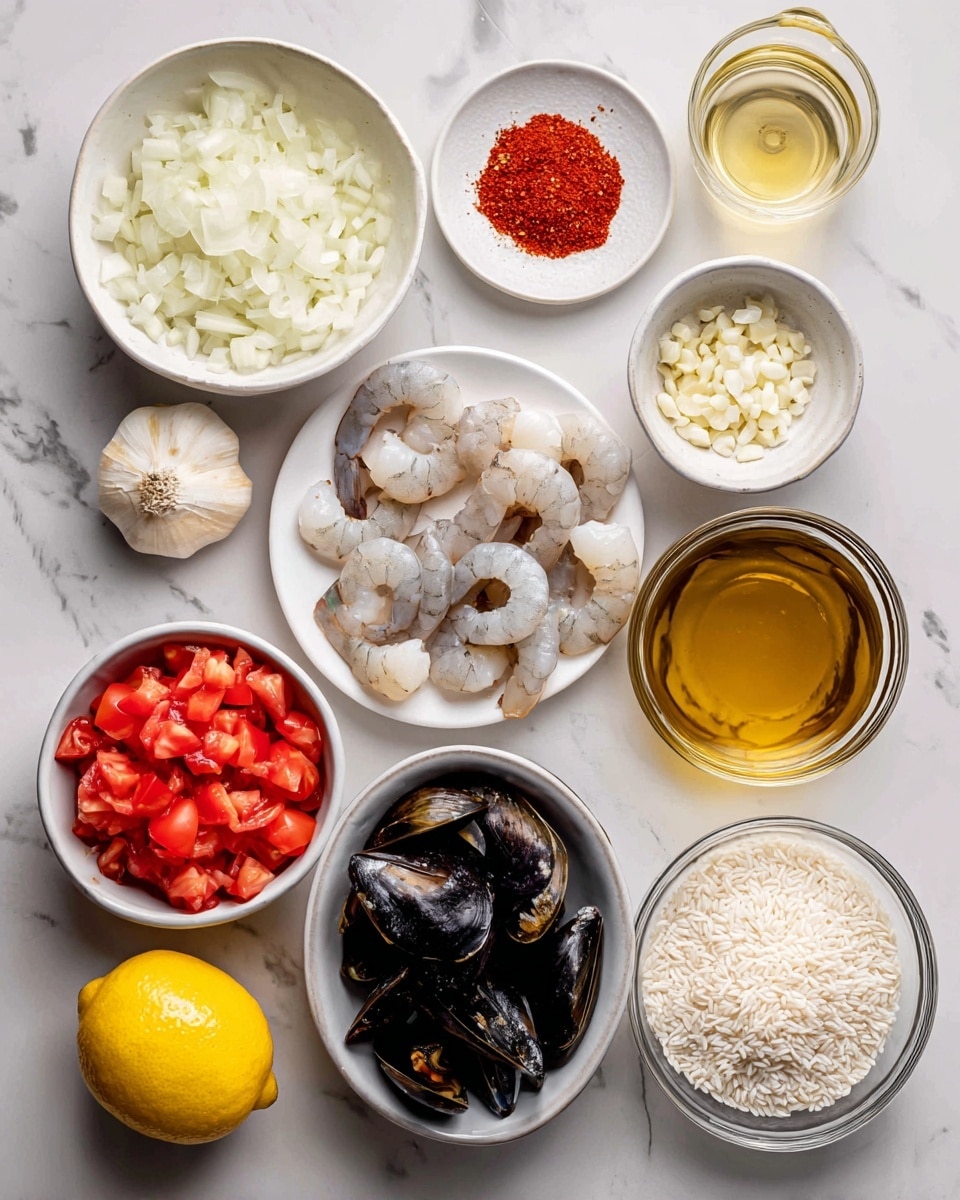 The image shows an overhead view of various ingredients placed neatly on a white marbled surface. There is a white bowl filled with chopped white onions, a smaller white plate with chopped garlic, and a small bowl with bright red paprika powder. A whole yellow lemon is placed near a round white bowl that holds white squid rings. A round white plate contains raw shrimp and black mussels arranged side by side. A transparent glass bowl is filled with light brown seafood stock, and another round glass bowl is full of white rice grains. Nearby, a clear glass holds a pale golden liquid labeled white wine, and a small jar with yellow olive oil is close to it. The final white bowl contains chopped red tomatoes. Each item is clearly separated and labeled, showing fresh and clean ingredients ready for cooking. photo taken with an iphone --ar 4:5 --v 7