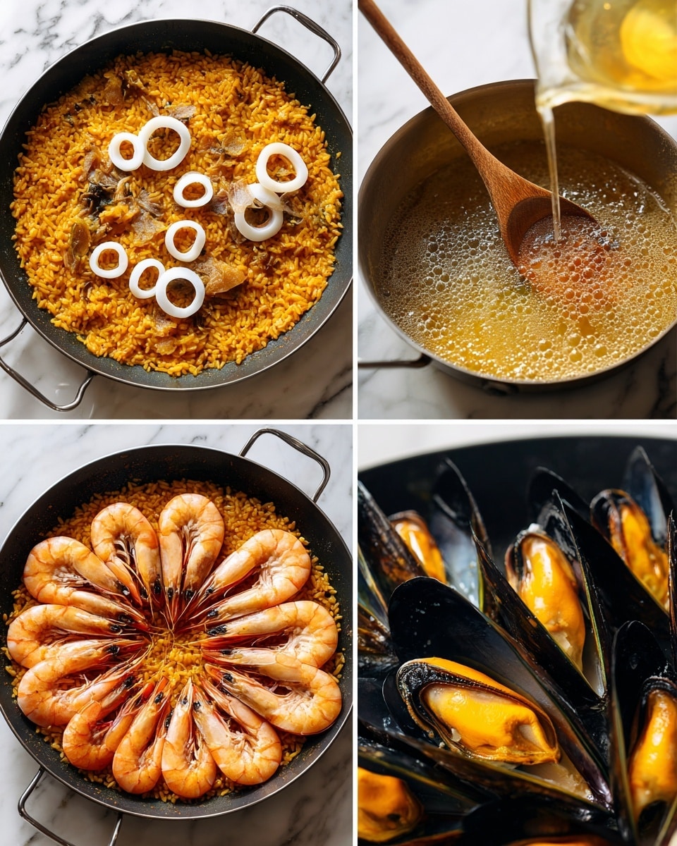 The images show a large pan with layers of an orange-yellow seafood dish. The first layer is a thick, grainy rice base with small bits of ingredients mixed in, colored a rich golden yellow. Clear rings of light-colored squid are scattered on top, while a wooden spoon rests on the side of the pan. In the next step, a transparent golden liquid is poured over the rice and squid rings, adding a shiny liquid layer. The liquid simmers gently, forming a thin bubbly top layer. Following this, large raw shrimp with shells and tails are arranged evenly in a circular pattern on top of the rice and liquid layer, their gray shells contrasting with the orange base. Lastly, a close-up of a black pan shows several open mussel shells, with bright yellow-orange mussel meat visible inside the shiny black and gray shells. The backdrop is a white marbled surface photo taken with an iphone --ar 4:5 --v 7