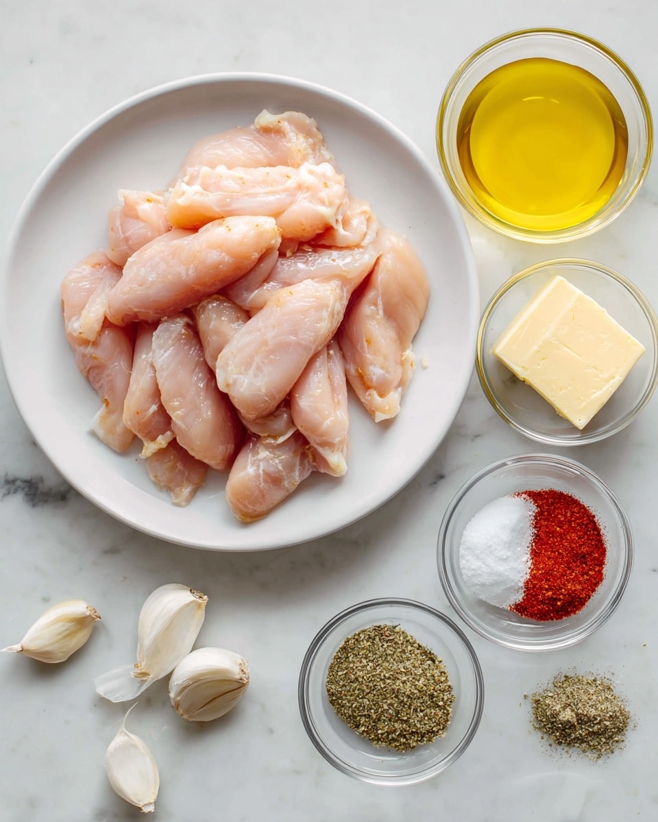 A white round plate filled with raw pale pink chicken tenders arranged neatly, placed on a white marble surface. To the right, small clear glass bowls hold bright yellow olive oil, a light yellow block of butter, white salt and pepper mix, red paprika powder, and green Italian seasoning. Below the bowls, there are four garlic cloves with their beige skins on the marble surface. The overall setup is clean and organized, showing all the ingredients clearly. photo taken with an iphone --ar 4:5 --v 7