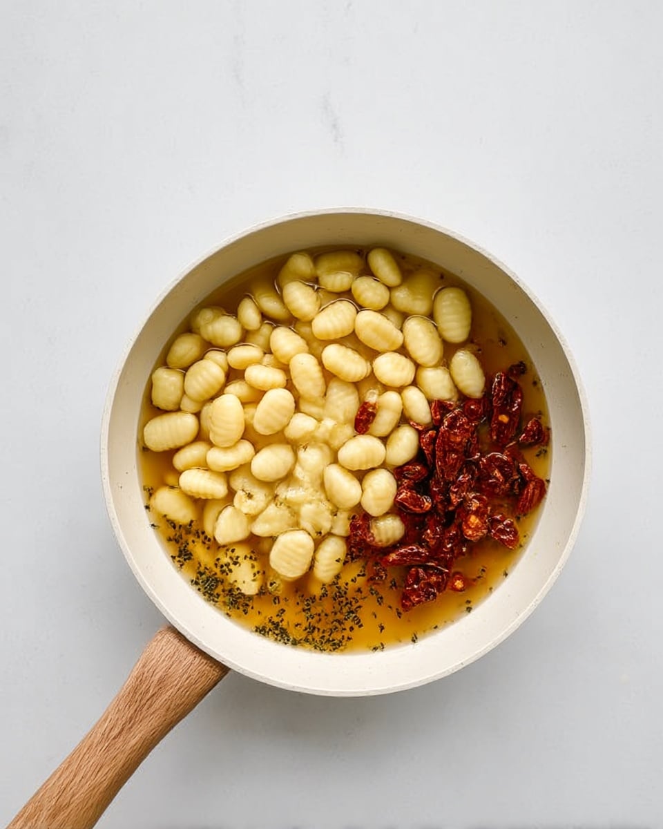 A white pan with a wooden handle sits on a white marbled surface, filled with three main layers of ingredients. The top layer contains many small, light yellow gnocchi scattered mostly on the left and center. On the right, there are some small pieces of dark red sun-dried tomatoes placed closely together. Below and around these ingredients, there is a clear golden brown broth with some tiny black herbs floating quietly around the edges. The ingredients look ready to cook or simmer. Photo taken with an iphone --ar 4:5 --v 7