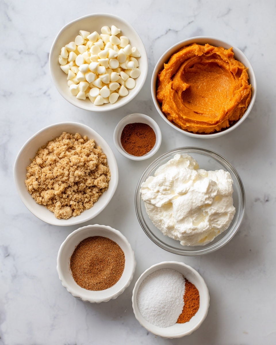 The image shows seven small white bowls arranged on a white marbled surface. In the largest bowl at the bottom left, there are light brown graham cracker crumbs with a coarse texture. At the top left, a bowl is filled with smooth white chocolate chips. Below this, there is a small white bowl with bright orange pumpkin purée that looks thick and smooth. To the right of the pumpkin purée, a clear glass bowl holds white cream cheese with a creamy, soft texture. To the right of the cream cheese, a small white bowl contains powdered white confectioners' sugar. Above this, another small white bowl with dark orange pumpkin pie spice powder is placed. Finally, at the bottom right, there is a small white bowl filled with a light brown ground cinnamon powder. All ingredients are nicely separated, showing a combination of smooth, powdery, and crumbly textures. Photo taken with an iphone --ar 4:5 --v 7