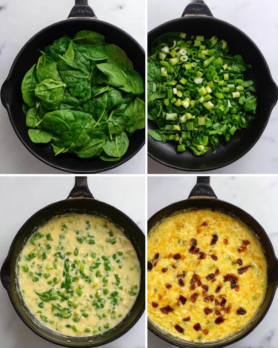 The image shows four stages of cooking in a black skillet on a white marbled surface. The first layer has bright green fresh spinach leaves and chopped green onions scattered on top. The second layer shows the spinach slightly wilted, mixed with the green onions, all still bright green and fresh. The third layer is a thick light yellow mixture with visible small green spinach pieces and white bits, spread evenly in the skillet. The fourth layer is similar but now has a golden-brown top with browned spots and small dark brown pieces, with some green spinach showing through. Photo taken with an iphone --ar 4:5 --v 7
