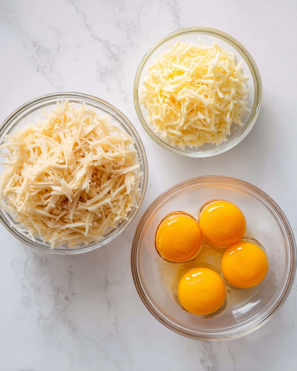 The image shows three clear glass bowls on a white marbled surface. The largest bowl on the left is filled with thin, shredded pale beige pieces, likely shredded potatoes. To the right of it, there is a medium-sized bowl filled with six cracked raw eggs showing bright yellow yolks and clear egg whites. Above these two bowls, there is a small bowl filled with shredded light yellow and white cheese. The scene is bright and clean with a simple, organized layout. Photo taken with an iphone --ar 4:5 --v 7