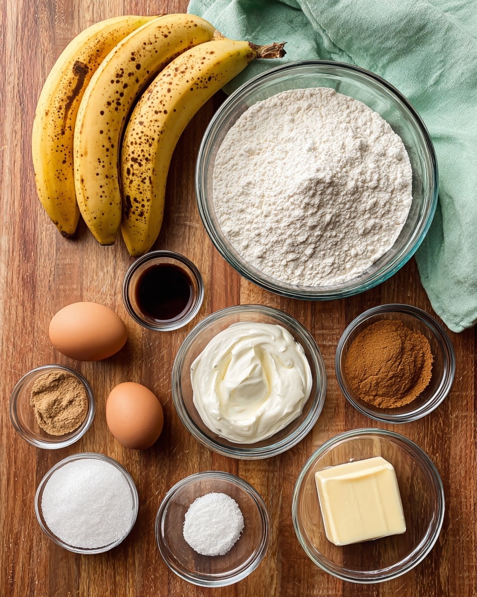 The image shows a top view of ingredients placed neatly on a wooden surface with a bunch of ripe bananas covered in brown spots on the top left, two brown eggs on the bottom left, a large clear bowl filled with white flour in the center, and several small clear bowls around it. These smaller bowls contain white sugar, light brown cinnamon, white baking soda, dark vanilla extract, creamy white Greek yogurt in a black measuring spoon, a small block of pale yellow butter, and a small bowl of white salt. A light green cloth is placed in the top right corner. The scene is bright and clear, with everything arranged in a clean and organized way photo taken with an iphone --ar 4:5 --v 7