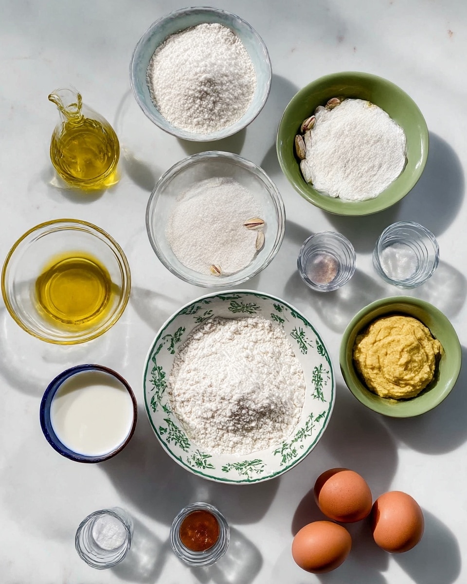 The image shows a top view of various ingredients arranged on a white marbled surface. In the center, there is a white bowl with green designs filled with white flour. Above it to the left, a similar bowl contains white sugar. At the top left, there's a clear glass with yellow olive oil. Next to that, a white bowl holds light brown and green pistachio nuts. To the right of the pistachios, a green bowl contains a thick yellowish paste. On the top right, a clear glass holds white powdered sugar, and below it, a white bowl has two brown eggs. At the bottom left, a white bowl with a dark rim is filled with milk. Near the eggs and powdered sugar, there are small clear glasses with light brown liquid, white salt, and white baking powder. The setup shows natural light casting soft shadows. photo taken with an iphone --ar 4:5 --v 7