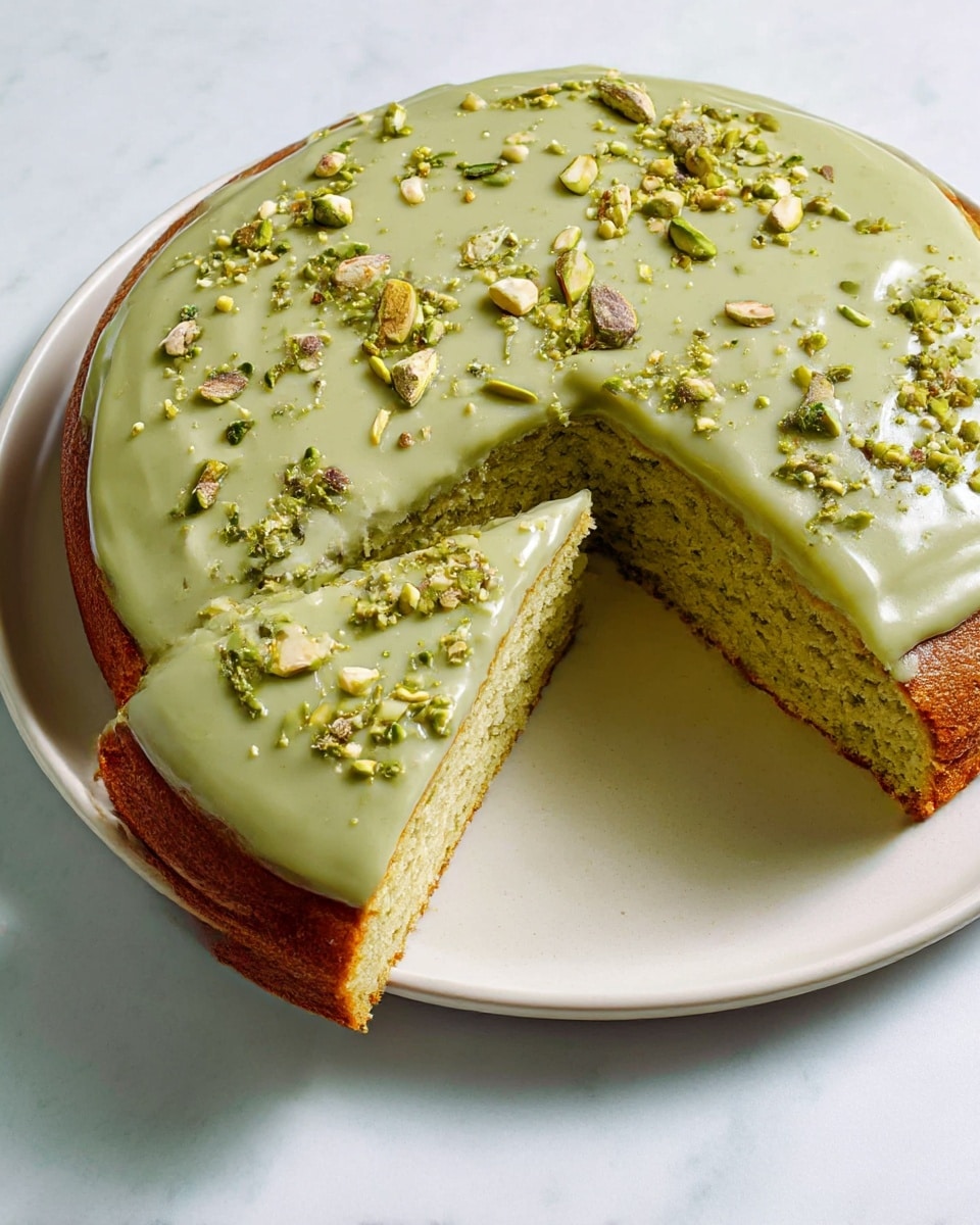 The image shows a single-layer round cake with a golden-brown base and a soft, moist inside that has a light green tint. The cake is topped with a thick, smooth layer of light green icing that flows gently over the edges. Small pieces of crushed pistachio nuts are scattered evenly on top, adding texture and contrast. The cake is placed on a simple white plate, resting on a white marbled surface. One slice of the cake has been removed, revealing the cake's crumb inside and creating a wedge-shaped negative space. Photo taken with an iphone --ar 4:5 --v 7